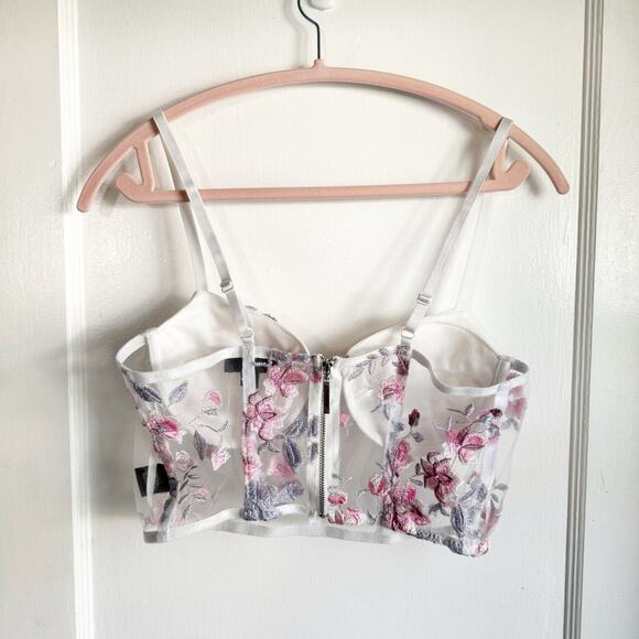 Romantic Bustier Mesh Peek-A-Boo Crop Style Top Bra Floral Embroidery Cottage M - Picture 9 of 14